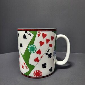 222 Fifth Playing Cards Poker Chips Ceramic Coffee Mug Green Casino Theme 5in